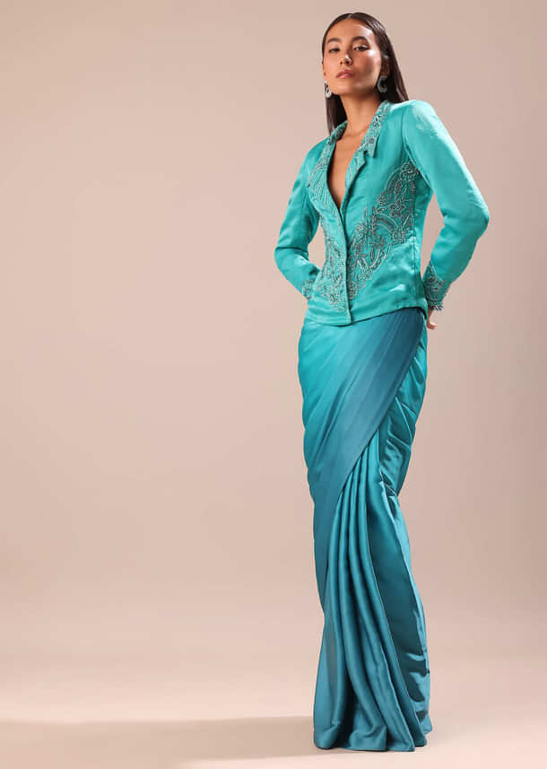 Blue Ombre Draped Skirt WIth Embroidered Jacket