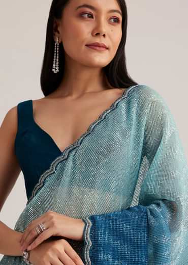 Blue Ombre Half And Half Sequins Saree