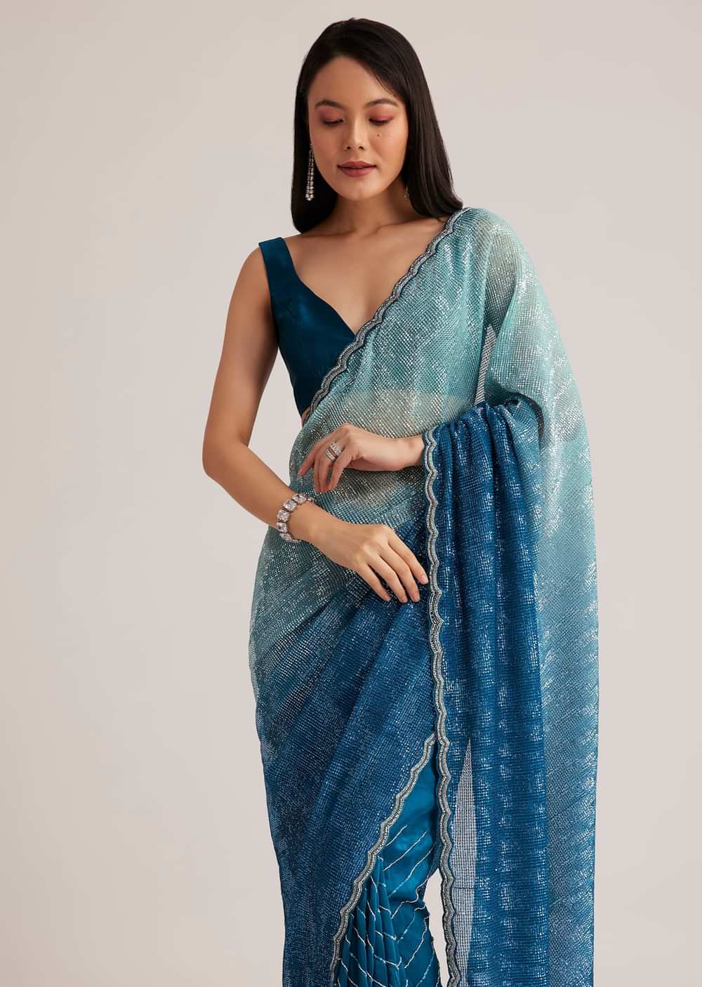 Blue Ombre Half And Half Sequins Saree