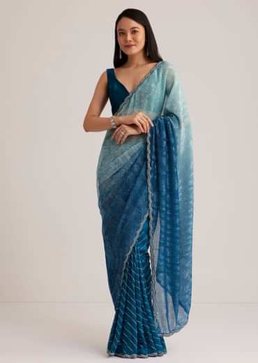 Blue Ombre Half And Half Sequins Saree