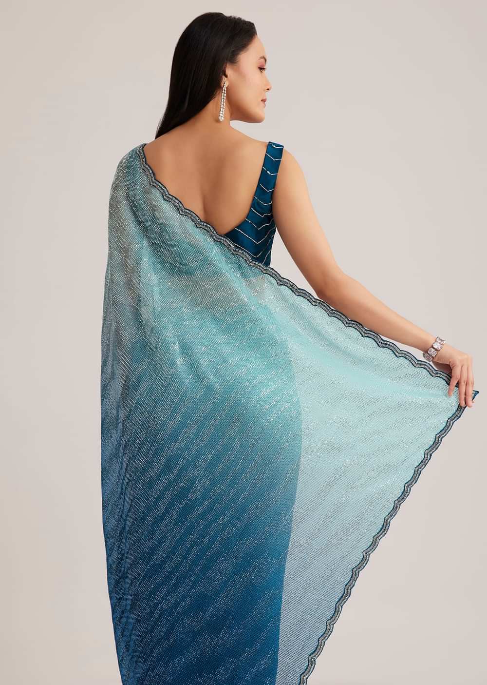 Blue Ombre Half And Half Sequins Saree