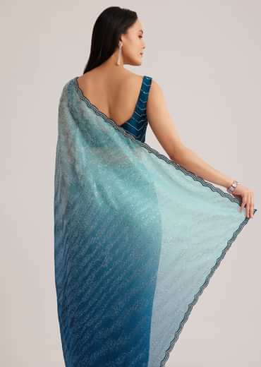 Blue Ombre Half And Half Sequins Saree