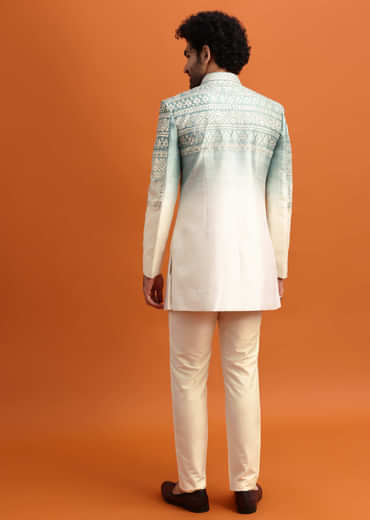 Blue Ombre Indowestern Set With Foil Work For Men