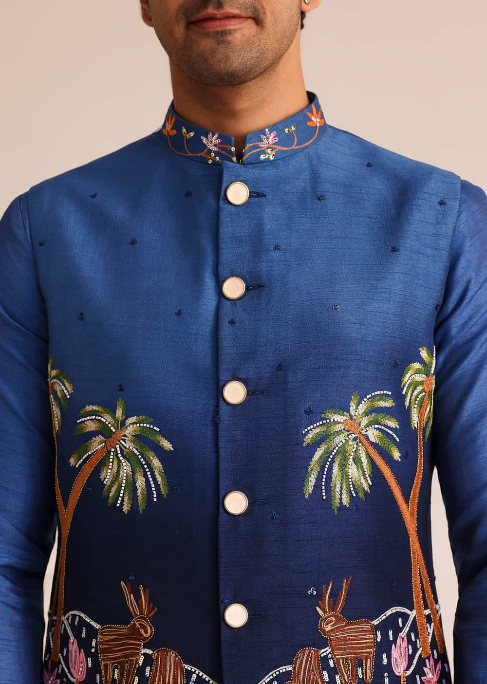 Blue Ombre Silk Jacket Set With Artistic Detailing