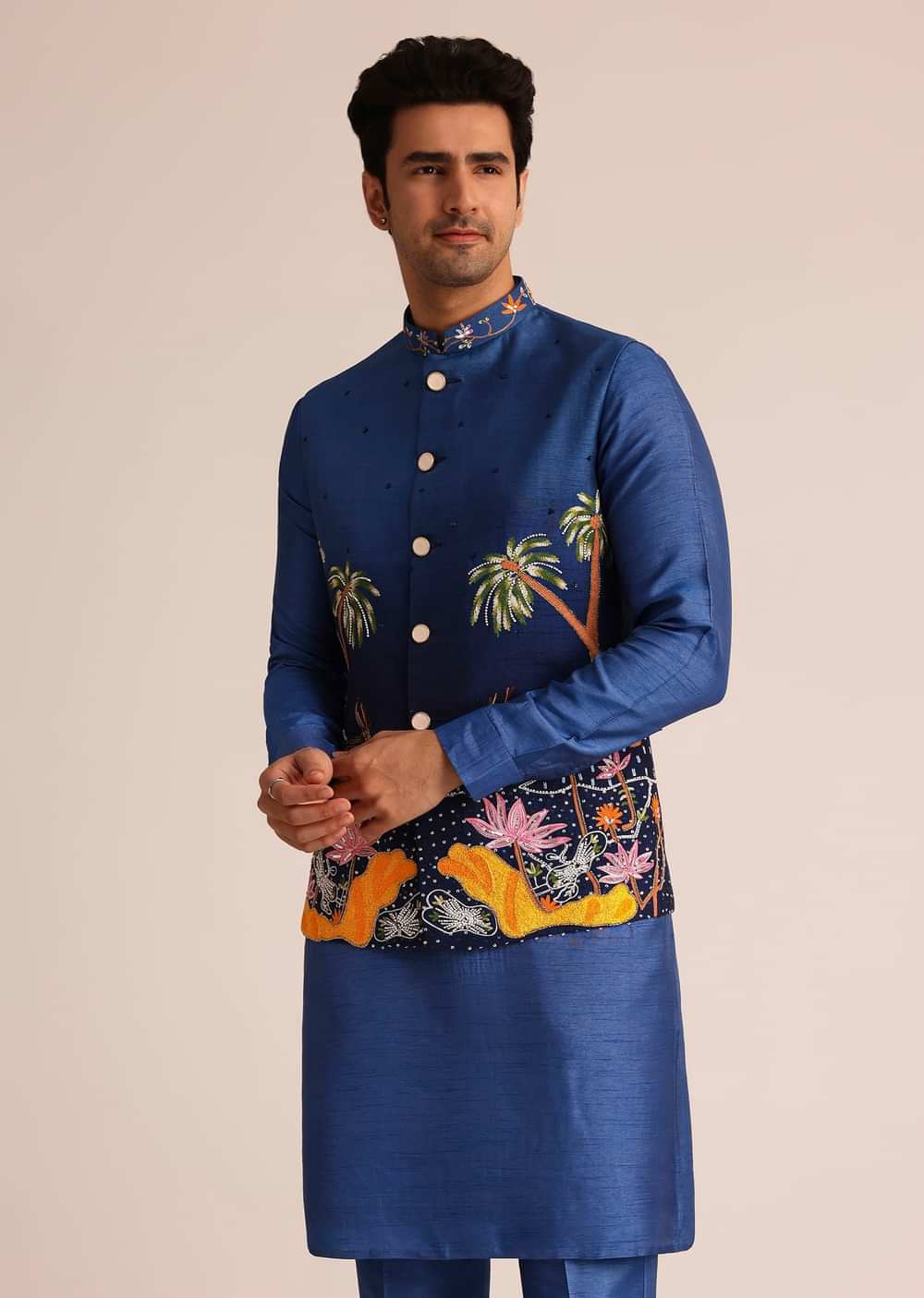 Blue Ombre Silk Jacket Set With Artistic Detailing