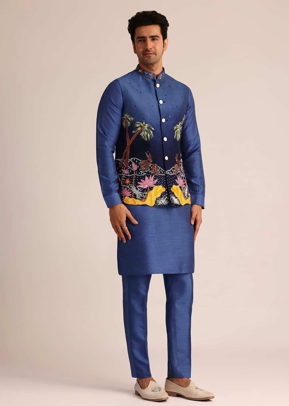 Blue Ombre Silk Jacket Set With Artistic Detailing