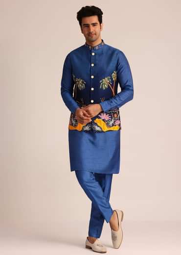 Blue Ombre Silk Jacket Set With Artistic Detailing