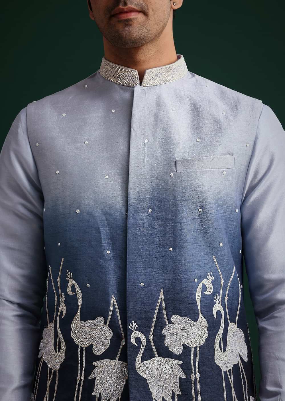Blue Ombre Zardosi Work Jacket Set With Flamingo Motifs