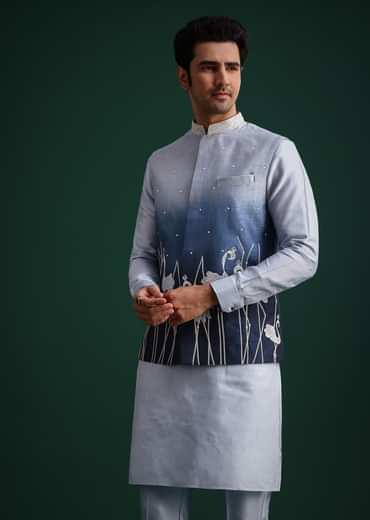 Blue Ombre Zardosi Work Jacket Set With Flamingo Motifs