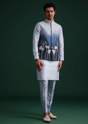 Blue Ombre Zardosi Work Jacket Set With Flamingo Motifs