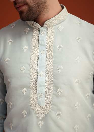 Blue Organza Aligarhi Kurta With Zari Embroidery