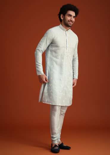 Blue Organza Aligarhi Kurta With Zari Embroidery