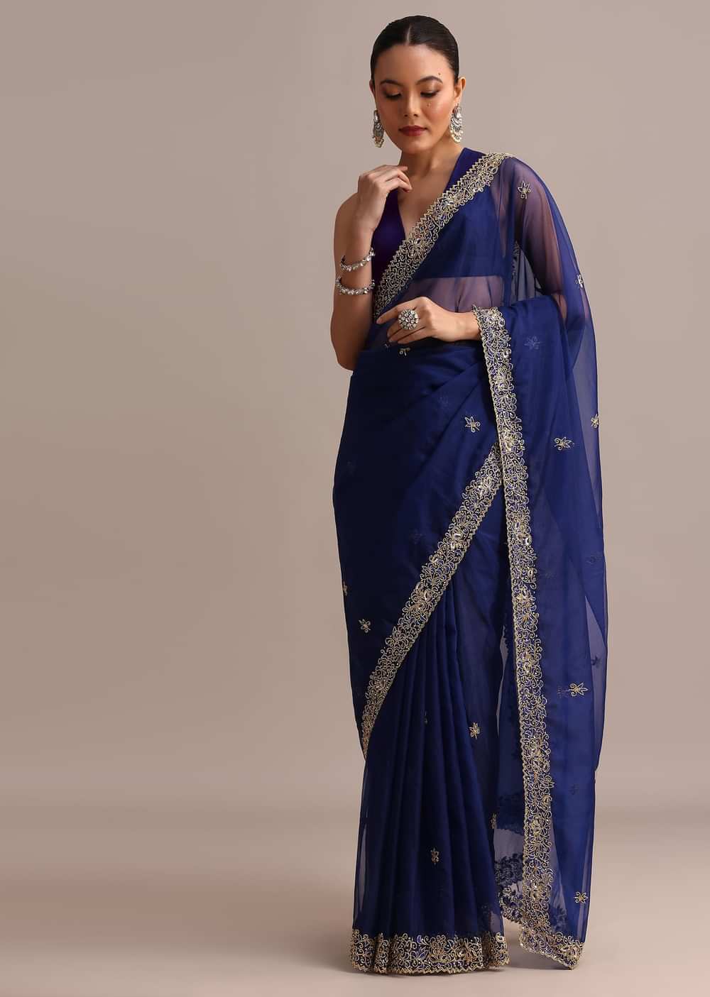 Blue Organza Cutdana Embroidered Saree With Unstitched Blouse