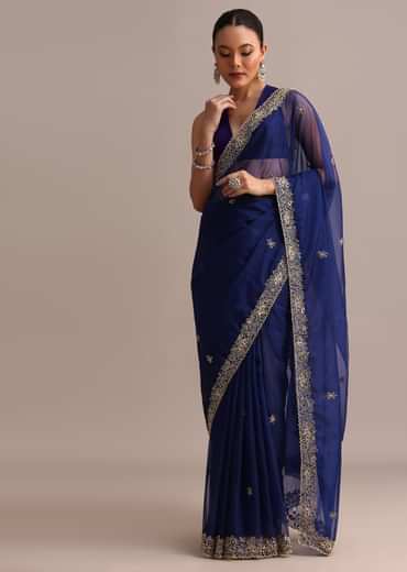 Blue Organza Cutdana Embroidered Saree With Unstitched Blouse