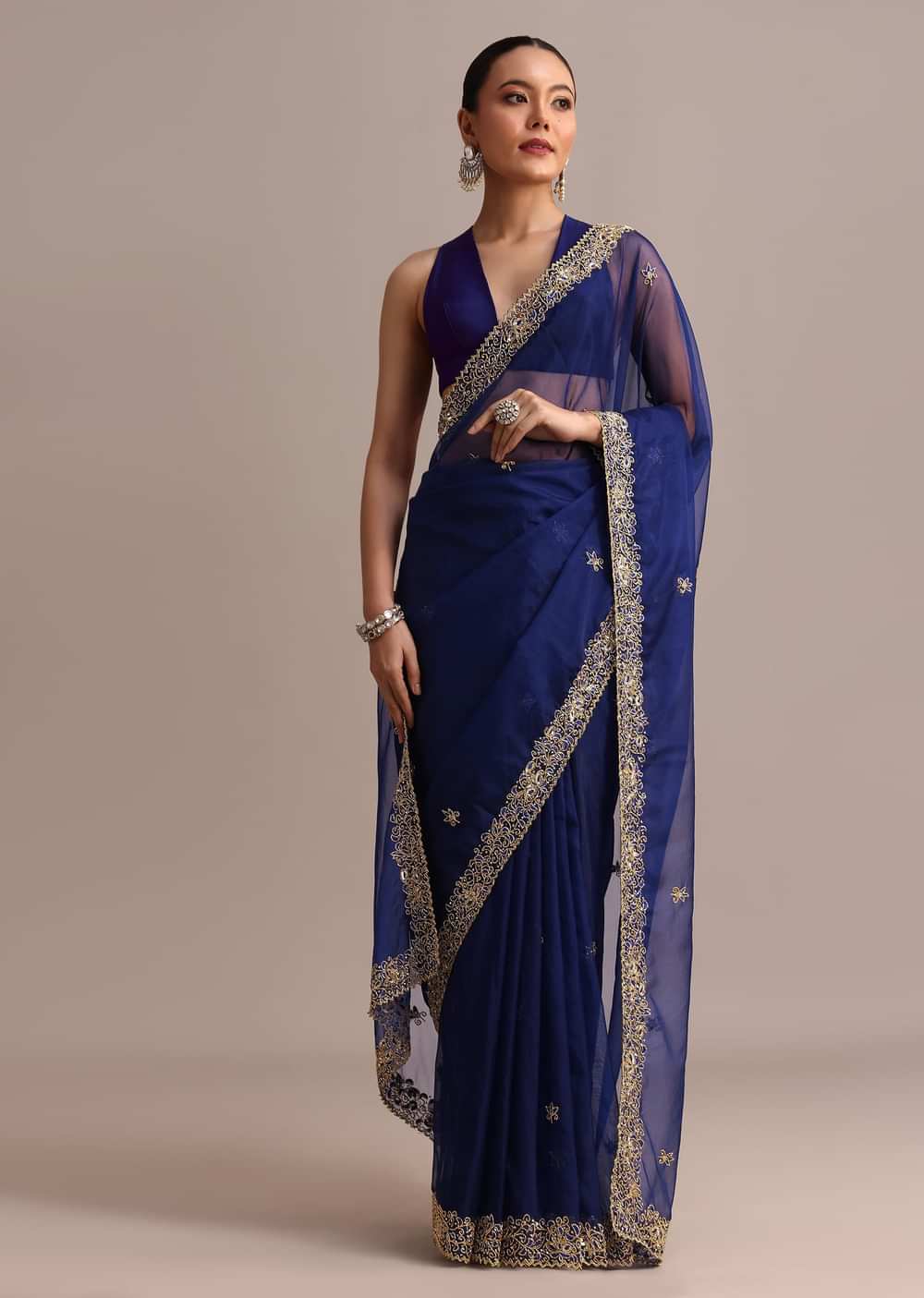 Blue Organza Cutdana Embroidered Saree With Unstitched Blouse