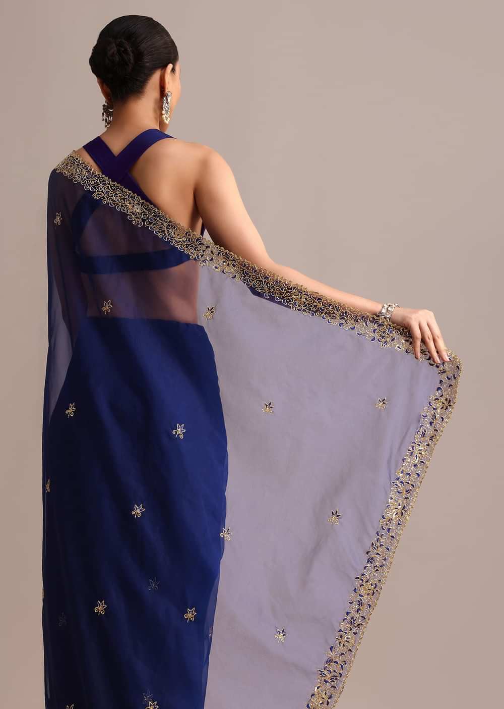 Blue Organza Cutdana Embroidered Saree With Unstitched Blouse