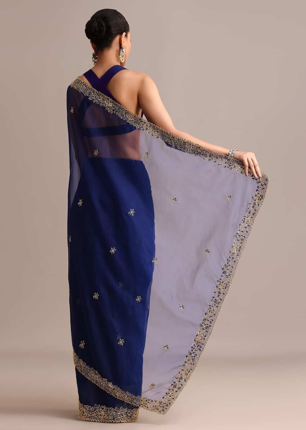 Blue Organza Cutdana Embroidered Saree With Unstitched Blouse