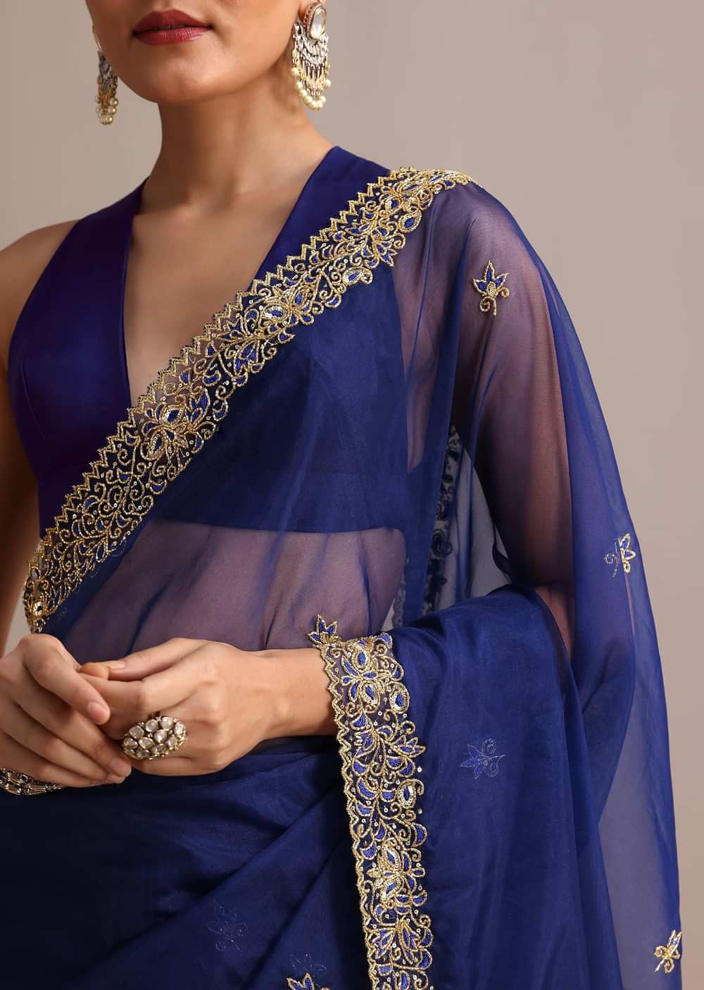 Blue Organza Cutdana Embroidered Saree With Unstitched Blouse