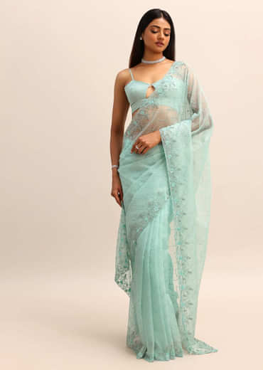 Sea Green Organza Cutdana Saree And Sequins Border Pallu With Unstitched Blouse
