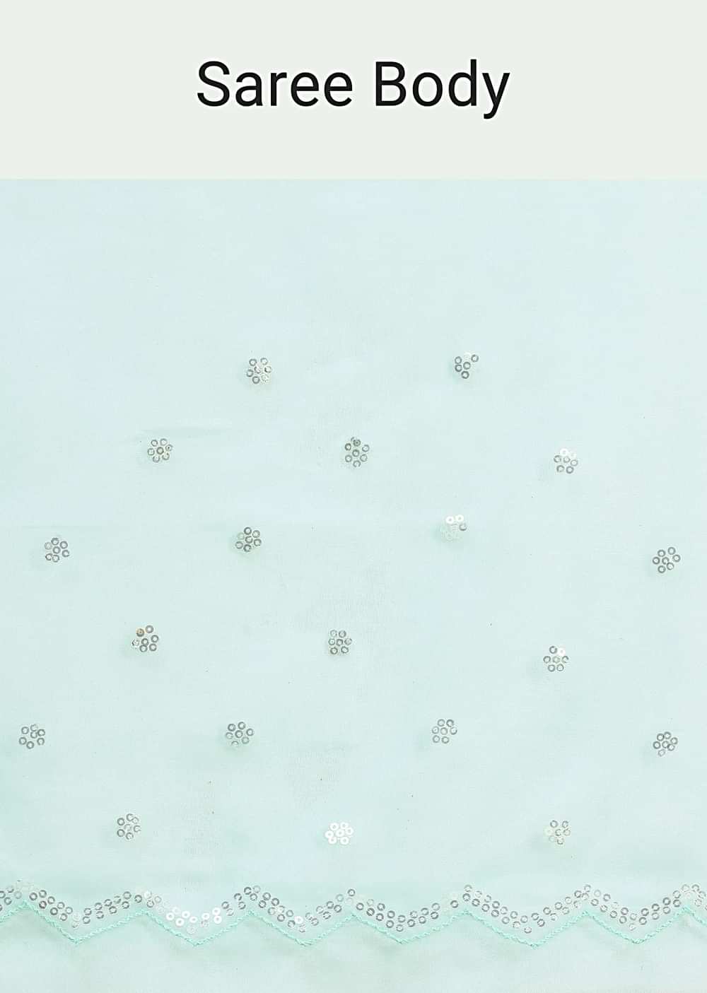 Blue Organza Floral Printed Saree With Sequin Scallop Border And Unstitched Blouse