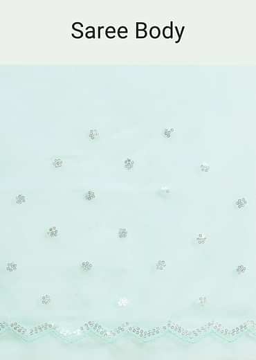 Blue Organza Floral Printed Saree With Sequin Scallop Border And Unstitched Blouse