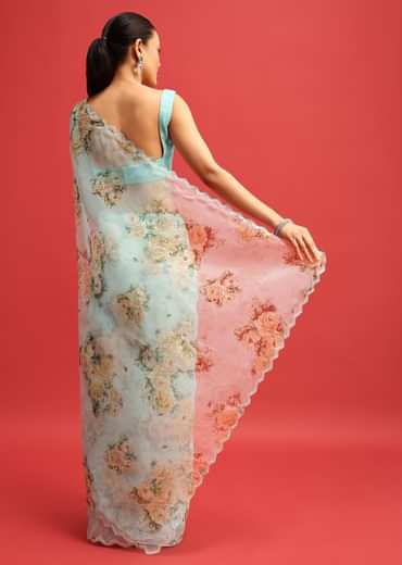 Blue Organza Floral Printed Saree With Sequin Scallop Border And Unstitched Blouse