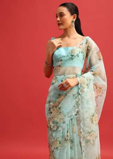 Blue Organza Floral Printed Saree With Sequin Scallop Border And Unstitched Blouse