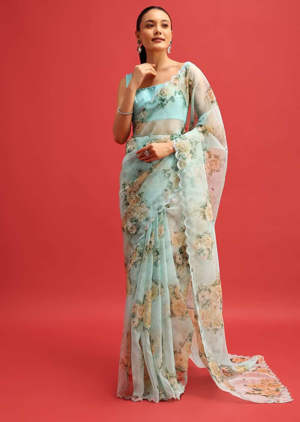 Blue Organza Floral Printed Saree With Sequin Scallop Border And Unstitched Blouse