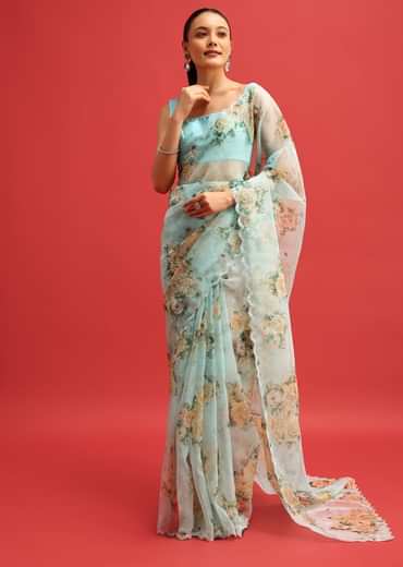 Blue Organza Floral Printed Saree With Sequin Scallop Border And Unstitched Blouse