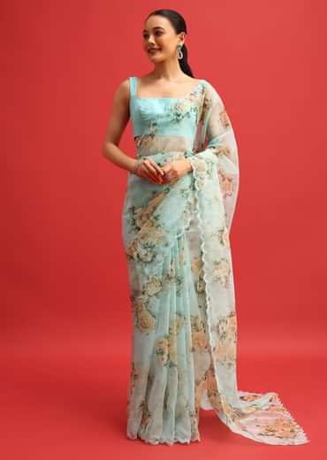 Blue Organza Floral Printed Saree With Sequin Scallop Border And Unstitched Blouse