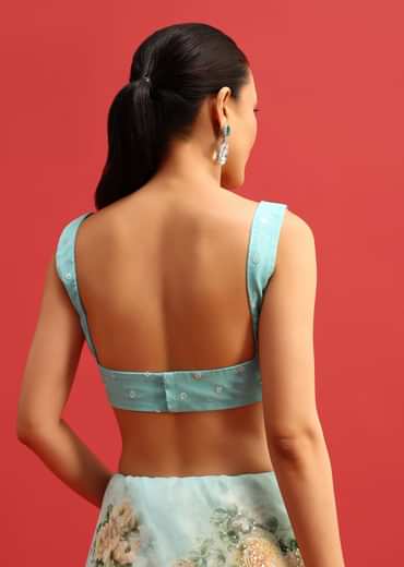 Blue Organza Floral Printed Saree With Sequin Scallop Border And Unstitched Blouse