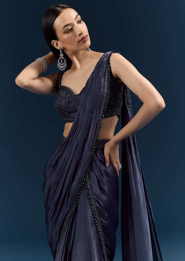 Blue Organza Ready Pleated Saree With Heavy Embroidery