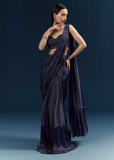 Blue Organza Ready Pleated Saree With Heavy Embroidery