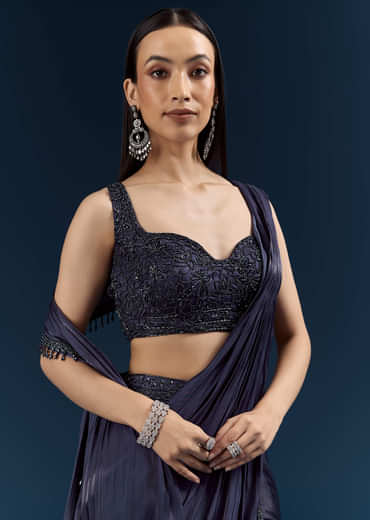 Blue Organza Ready Pleated Saree With Heavy Embroidery