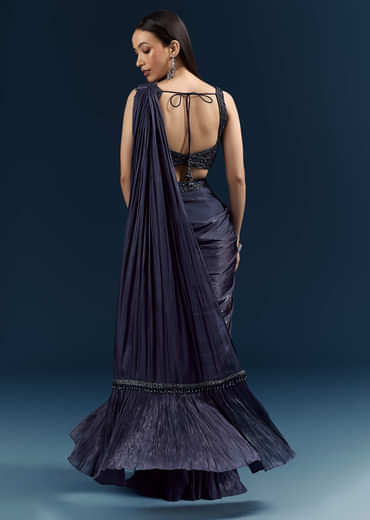 Blue Organza Ready Pleated Saree With Heavy Embroidery