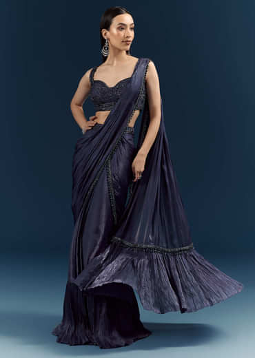 Blue Organza Ready Pleated Saree With Heavy Embroidery