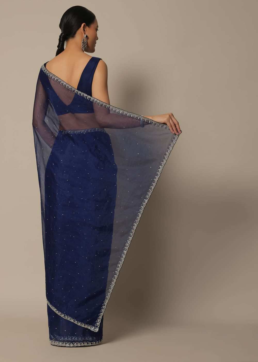 Blue Organza Saree With Stone Work And Unstitched Blouse Piece