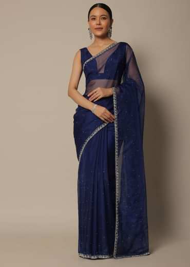 Blue Organza Saree With Stone Work And Unstitched Blouse Piece