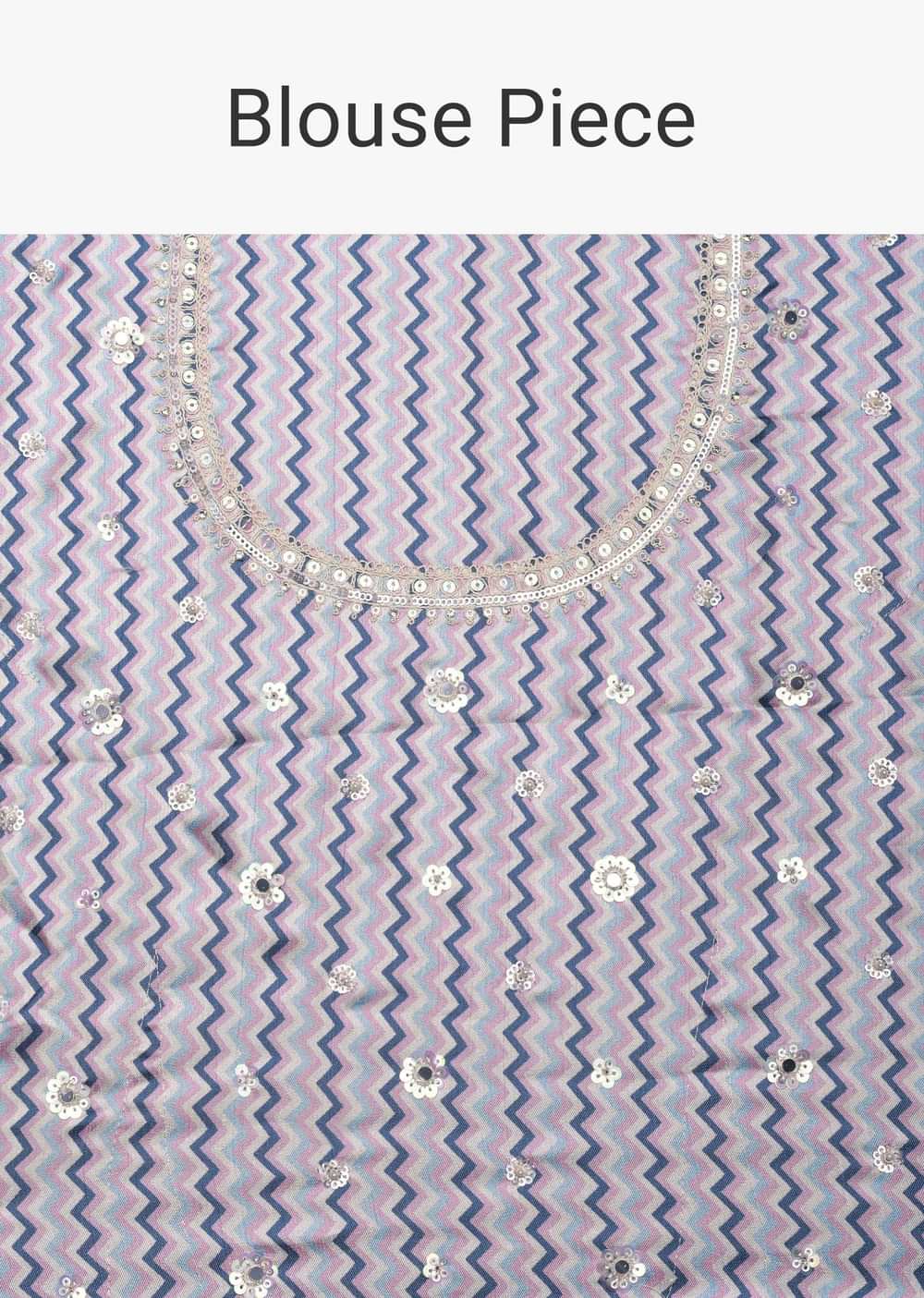 Blue Organza Striped Saree With Mirror Work And Unstitched Blouse Piece