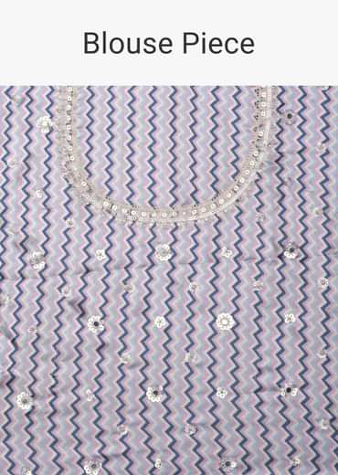 Blue Organza Striped Saree With Mirror Work And Unstitched Blouse Piece