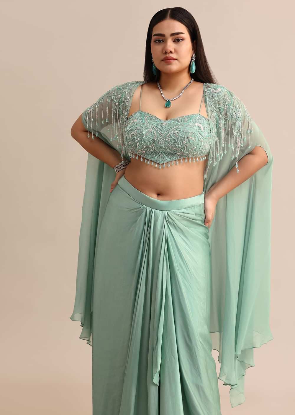 Blue Pleated Drape Skirt And Embellished Cape With Tassels