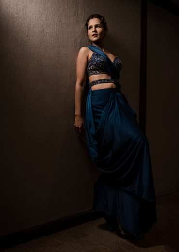 Persian Blue Pre-Pleated Satin Saree With Embroidered Blouse And Belt