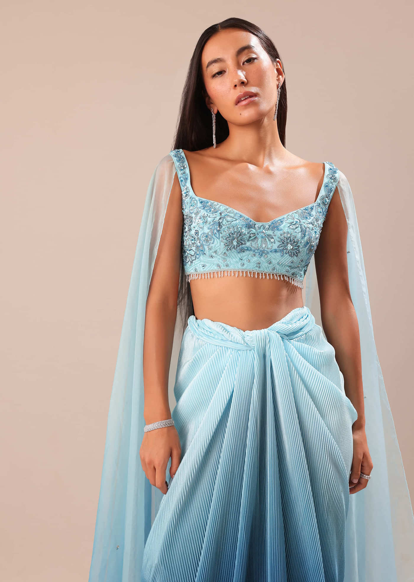 Blue Pre Pleated Twisted Skirt And Blouse With Attched Cape