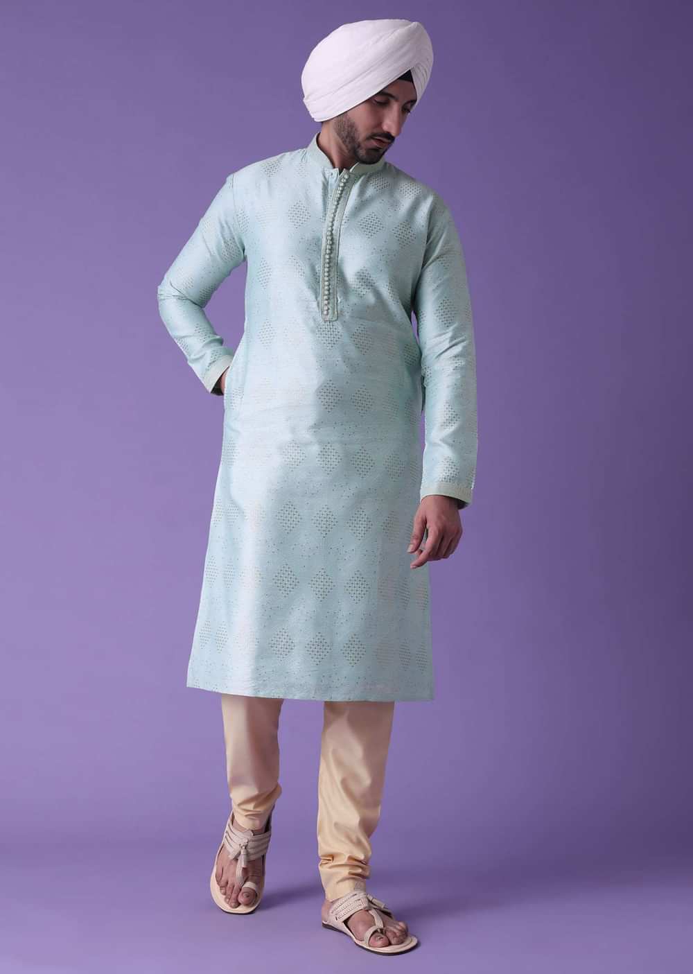 Blue Printed Kurta Set In Cotton Silk
