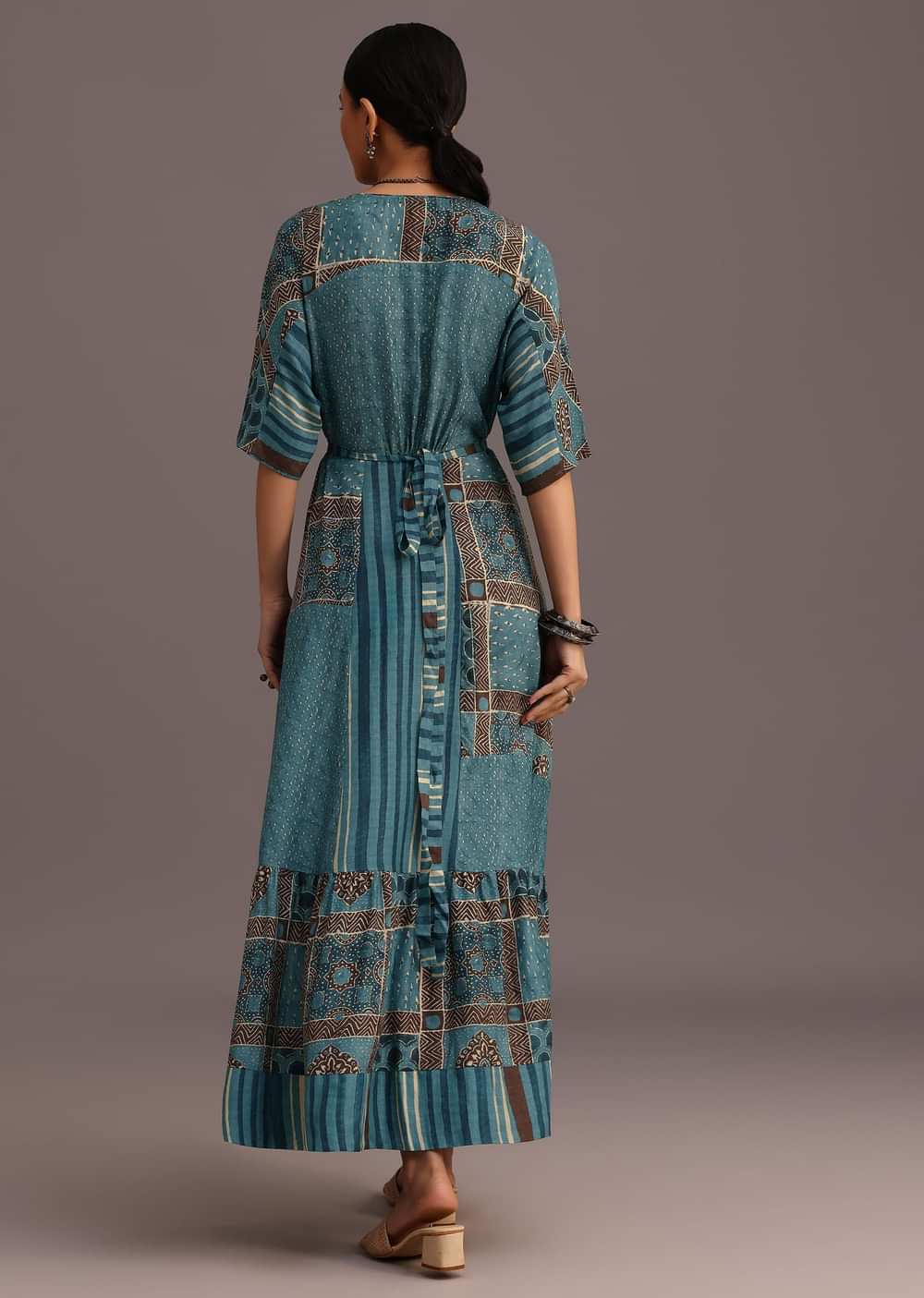 Blue Printed Kurti Dress With Tie Up