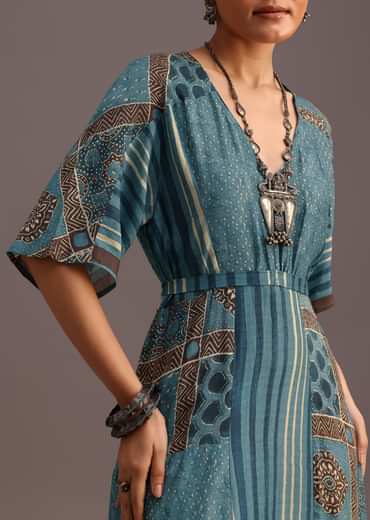Blue Printed Kurti Dress With Tie Up