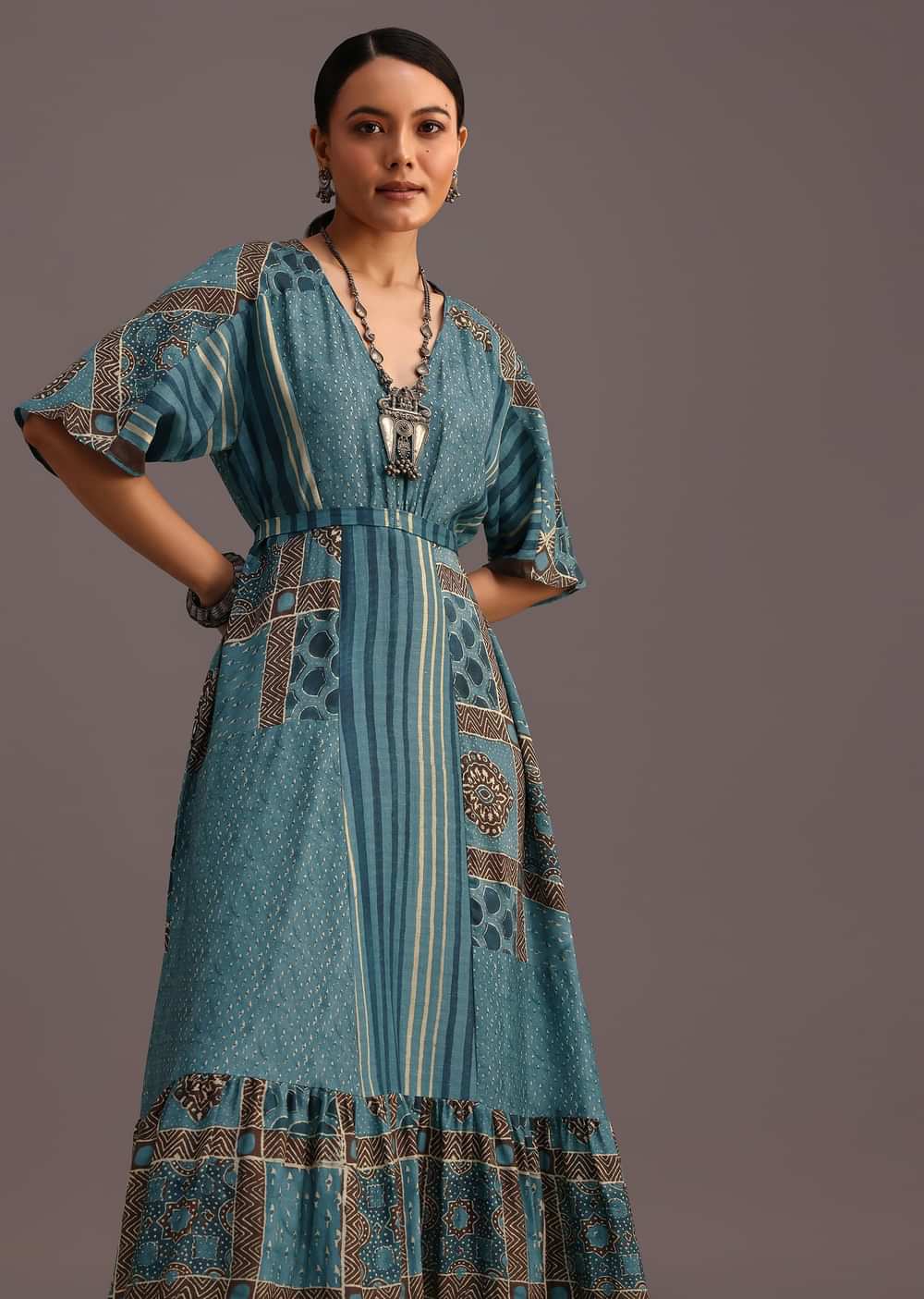 Blue Printed Kurti Dress With Tie Up