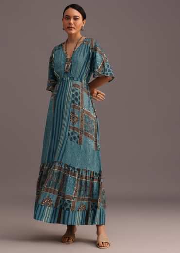 Blue Printed Kurti Dress With Tie Up