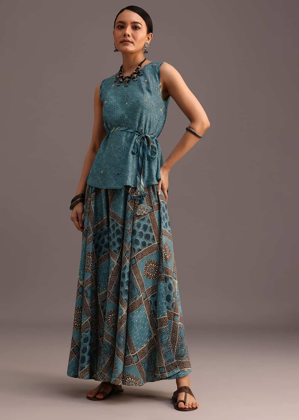Blue Printed Kurti Palazzo Set With Embroidery