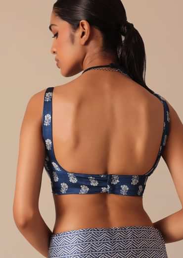 Blue Printed Saree In Satin With Tassel Detail And Unstitched Blouse Fabric